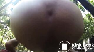 Asian girl pooping in nature
