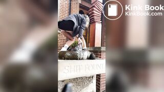 Sexy teen shits on a statue in public