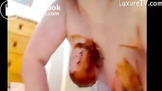 curvy babe shitting and smearing on her big tits