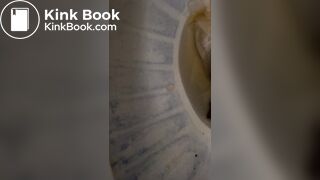 Hairy milf unloads logs between her legs into the bowl