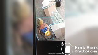 Blonde Woman poops on sidewalk