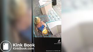 Blonde Woman poops on sidewalk