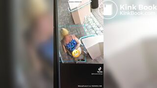 Blonde Woman poops on sidewalk