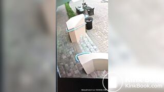 Blonde Woman poops on sidewalk