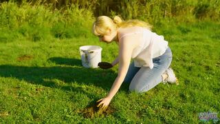 Collecting cowshit and masturbating with it