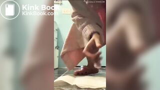 Cute ebony teen tries to poop in cup