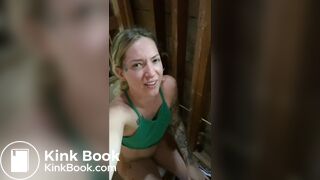 Girl pooping at building site