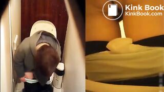 Woman takes a constipated poop and fart on toilet