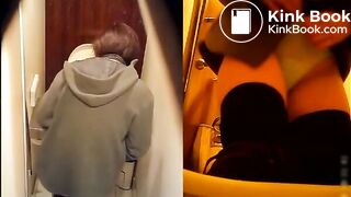 Woman takes a constipated poop and fart on toilet