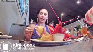 Hot and sexy girl eats and digest seafood then poop it.