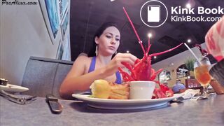 Hot and sexy girl eats and digest seafood then poop it.