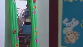 Girl has stomach ache and poops in a kindergarten toile