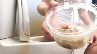 Girl poops in container with closeup