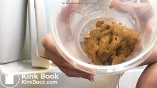 Girl poops in container with closeup