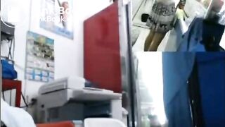 Sexy latina fucks shitty dildo with customers around