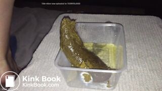 Girl shitting big turd into a plastic container