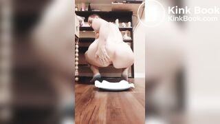 Shaved head white chick shits on plate