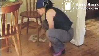 Cute girl too late for toilet, wets and poops her pants