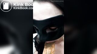 female dog licks a shit dildo