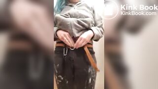 Going pee and pooping in a public potty toilet stall