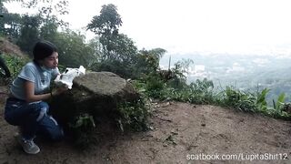 Girl eats her shit from diaper outdoor