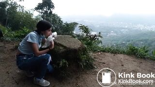 Girl eats her shit from diaper outdoor