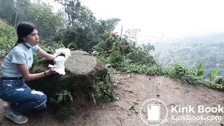 Girl eats her shit from diaper outdoor