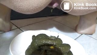 Girl shits a huge pile of green shit on a plate