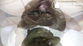 Girl shits a huge pile of green shit on a plate