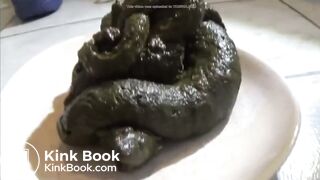 Girl shits a huge pile of green shit on a plate