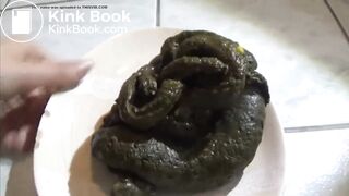 Girl shits a huge pile of green shit on a plate
