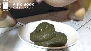 Girl shits a huge pile of green shit on a plate
