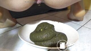 Girl shits a huge pile of green shit on a plate