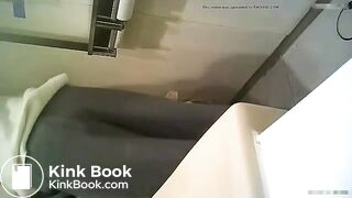 Girl is stepping on the poop in the bathroom