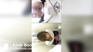 Asian women in hurry for toilet