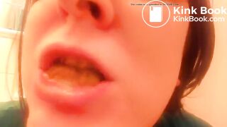 College teen eating poop in close up