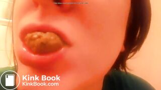 College teen eating poop in close up