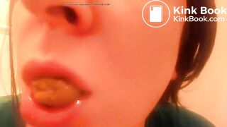 College teen eating poop in close up