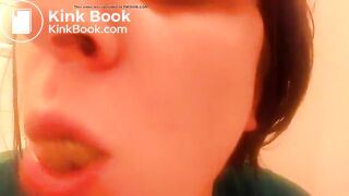 College teen eating poop in close up