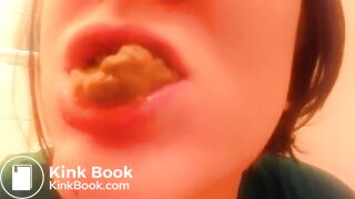 College teen eating poop in close up