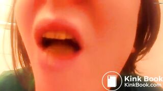 College teen eating poop in close up