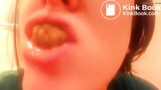 College teen eating poop in close up