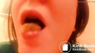 College teen eating poop in close up