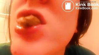 College teen eating poop in close up