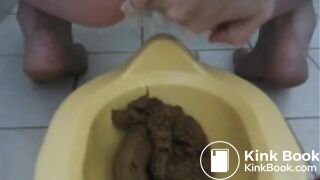 Shit into a plastic potty
