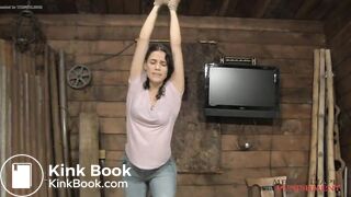 Bound girl desperately released enema in jeans