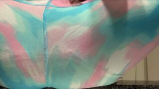 Girl shitting leggings on bathroom