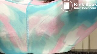 Girl shitting leggings on bathroom