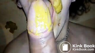 Brunette milf sucking a scat covered dick