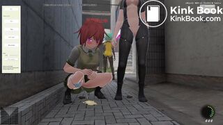 2 girls pooping together in an alley